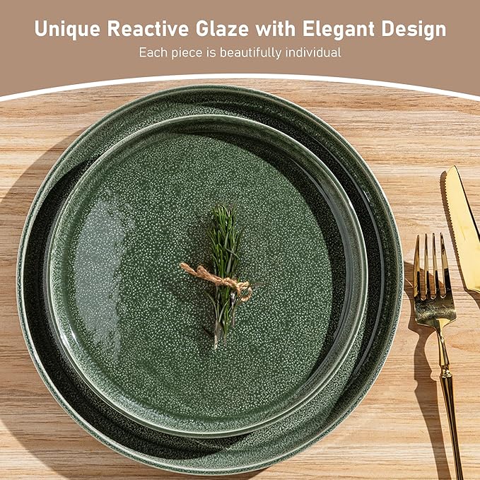 GBHOME 18-Piece Stoneware Dinnerware Set for 6 – Ribbed Ceramic Plates and Bowls, Scratch-Resistant, Microwave & Dishwasher Safe, Reactive Glaze, Dark Green