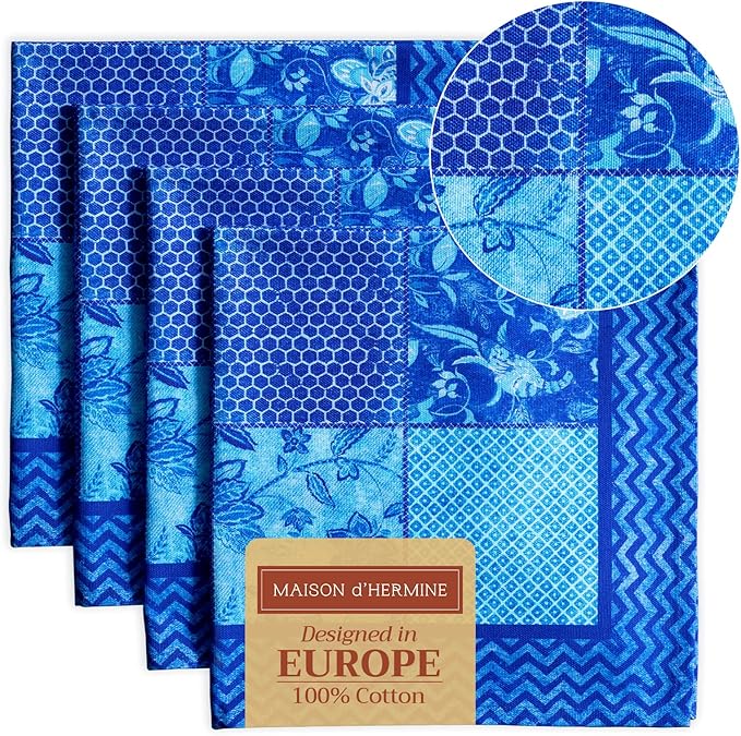 Maison d' Hermine Cloth Napkins Set of 4 100% Cotton Everyday Reusable Square Napkins Cloth Washable Dinner Party Wedding Restaurant Valentines Day Decorations Spring/Summer (Indigo Love, 20" x 20")