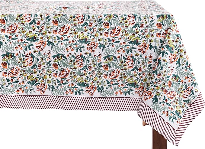 ATOSII Ambrosia Green 100% Cotton Rectangle Fall Tablecloth, Handblock Floral Print Linen Table Cloth for Kitchen Dining I Parties, Outdoors, Christmas, Thanksgiving I 72 X 120 Inches I 10 Seater