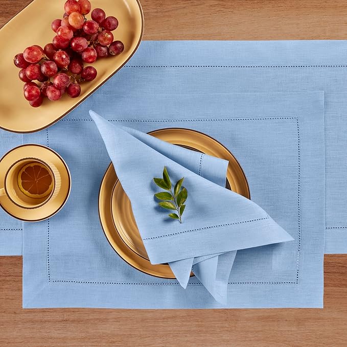 Solino Home Linen Cloth Placemats Set of 4-100% Pure Linen Hemstitch Cornflower Blue Placemats 14 x 19 Inch - Classic Hemstitch Table Place Mats for Spring, Easter