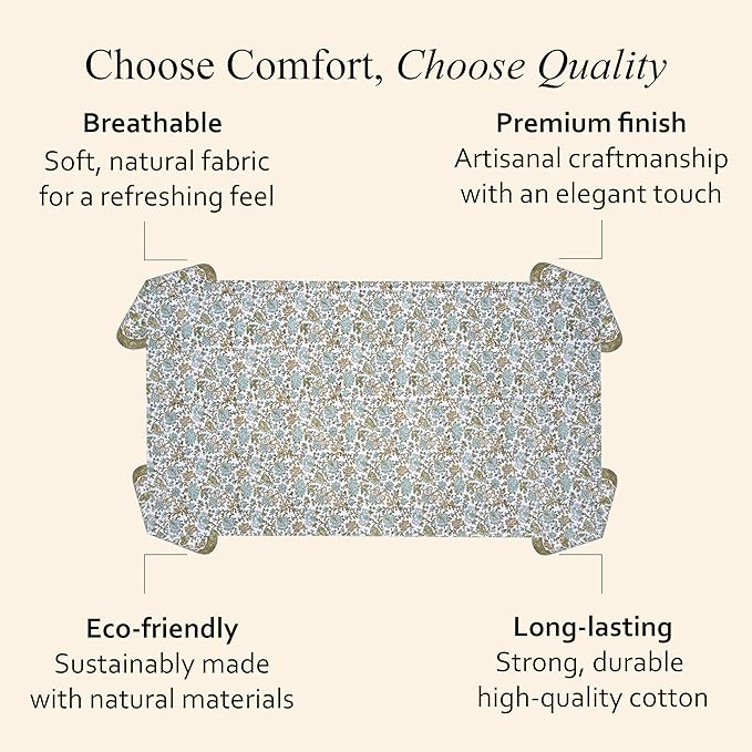 CPC Tablecloth 100% Cotton 72x140 Inch Indian Block Print Rectangle Table Cover, Blue Table Cloth for Weddings, Spring/Summer, Barbeque - Harvest Bloom