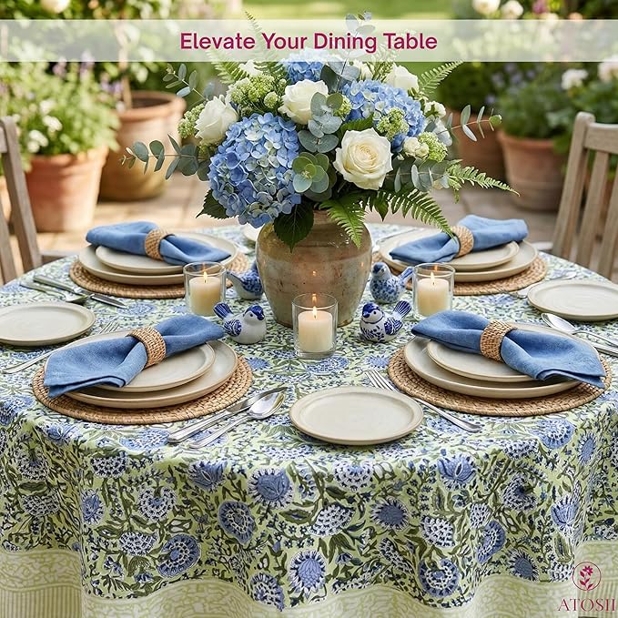 ATOSII Amara 100% Cotton Round Fall Tablecloth, Handblock Print Floral Table Cloth for Kitchen Dining Linen I Parties, Weddings, Christmas, Thanksgiving, Easter Grandmillennial Decor 60" Inches Round