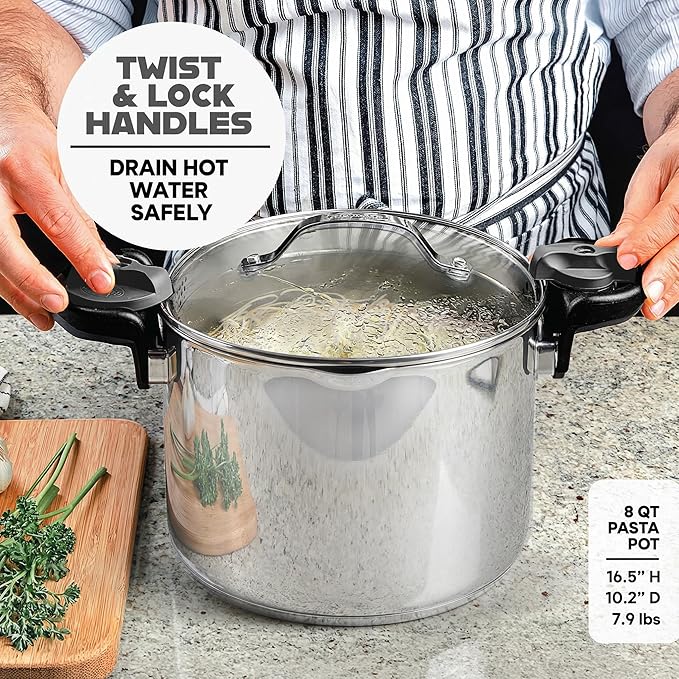 GOTHAM STEEL 8 Qt Stainless Steel Stock Pot Multipurpose Pasta Pot with Strainer Lid & Twist and Lock Handles, for Soup, Spaghetti, Rice, Induction Ready, Dishwasher Safe