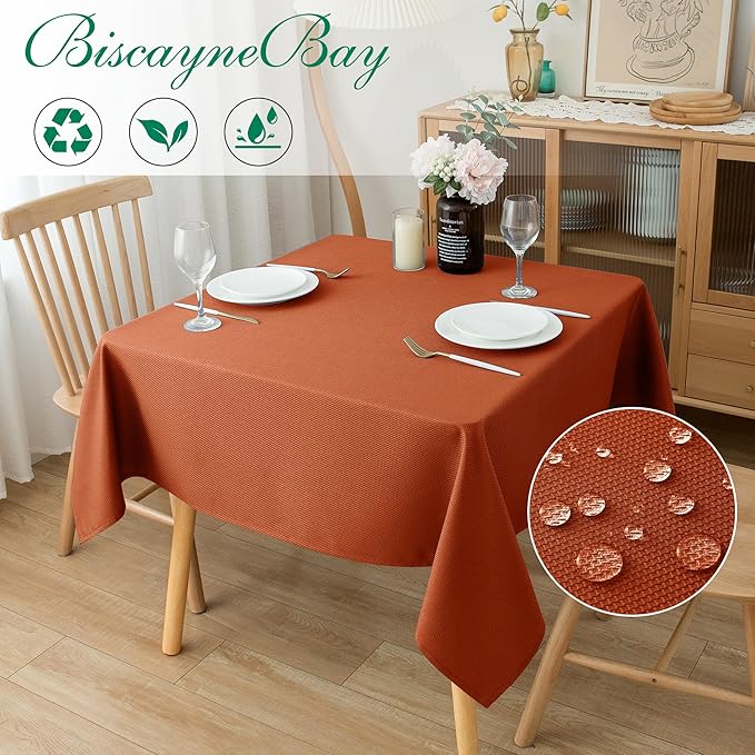 Biscaynebay Fall Tablecloth Textured Fabric Square Tablecloths 60x60 Inch, Rust Thanksgiving Autumn Harvest Water Resistant Fabric Tablecloths for Kitchen, Dining, Wedding, PartiesMachine Washable