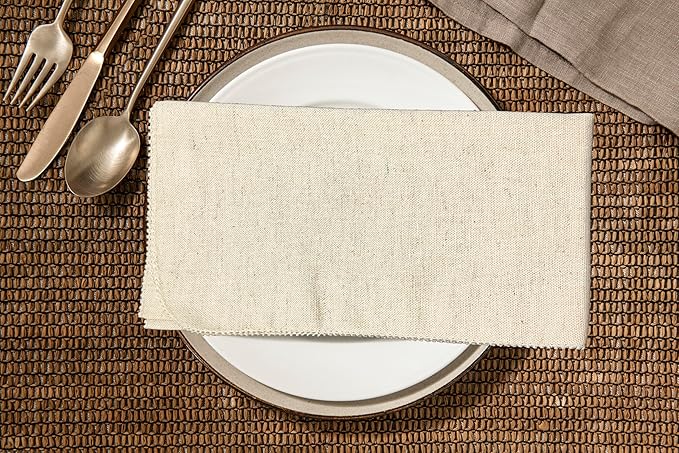 Lightnpro Cotton Flax Napkins Set of 12, Dinner Cloth Napkins with Pico Cut Edges, Washable and Reusable for Dining, Parties, Weddings, Holiday & Everyday Use - 18x18 Inch Natural Color