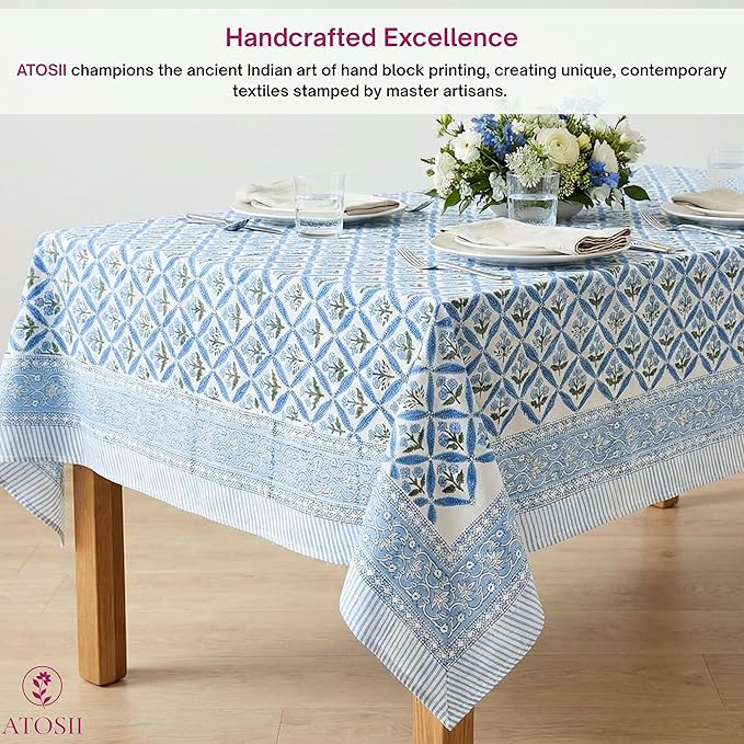 ATOSII Netta Blue 100% Cotton Square Summer Tablecloth, Handblock Floral Print Linen Table Cloth for Kitchen Dining I Parties, Weddings, Outdoors, 60 X 60 Inches I 4 Seater