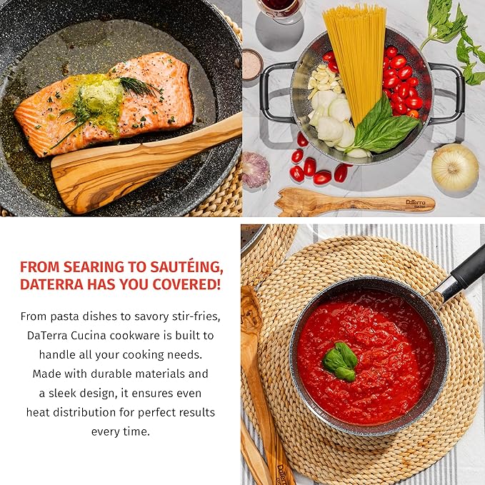 DaTerra Cucina Nonstick Small Pasta Bundle – 2.6 Qt Saucepan with Lid, 9.5" Frying Pan, 5 Qt Dutch Oven with Lid – Induction Compatible, Oven Safe, Ceramic Nonstick, PTFE & PFOA Free – Made in Italy