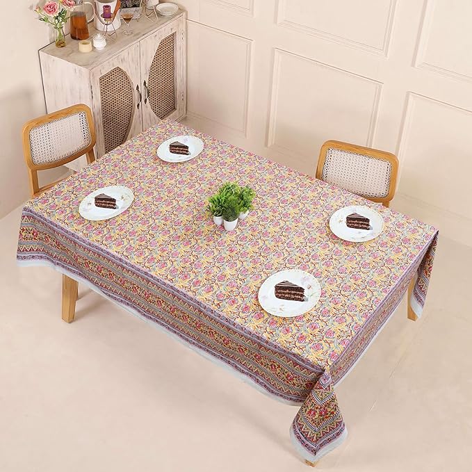 Handblock Print Cotton Tablecloth – 72x108 Rectangular Table Cover Seats 6–8 – Indian Block Printed Floral Dining Table Linen – Boho Washable Cloth for Kitchen, Party, Outdoor, Yellow