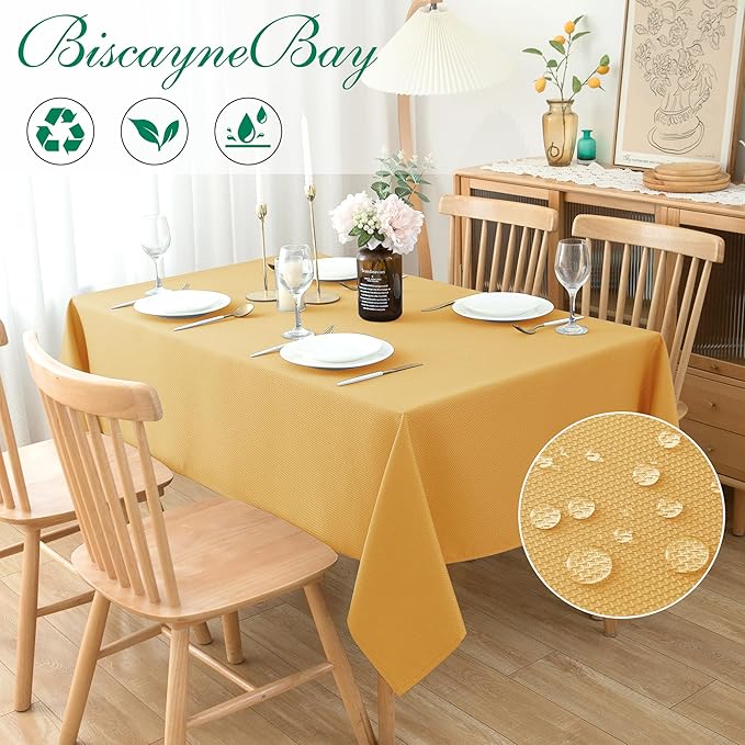 Biscaynebay Fall Tablecloth Textured Fabric 70x120 Inch Rectangular, Fall Gold Thanksgiving Autumn Harvest Water Resistant Fabric Tablecloths for Kitchen, Dining, Wedding, Parties Machine Washable