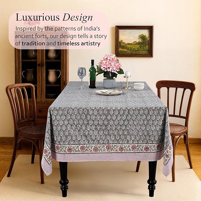 CPC Tablecloth 100% Cotton 72x140 Inch Indian Block Print Rectangle Table Cover, Gray Table Cloth for Weddings, Spring/Summer, Barbeque - Labra Gray