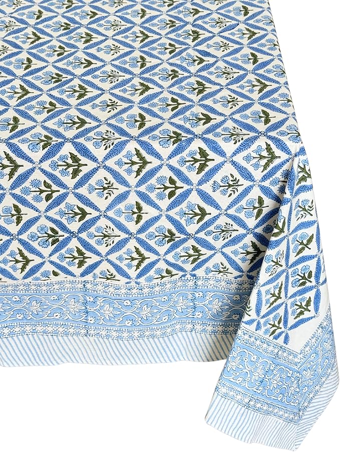 ATOSII Netta Blue 100% Cotton Rectangle Spring Tablecloth, Handblock Floral Linen Table Cloth for Kitchen Dining Table I Parties Weddings Outdoors Home Decor 72 X 120 Inches I 10 Seater