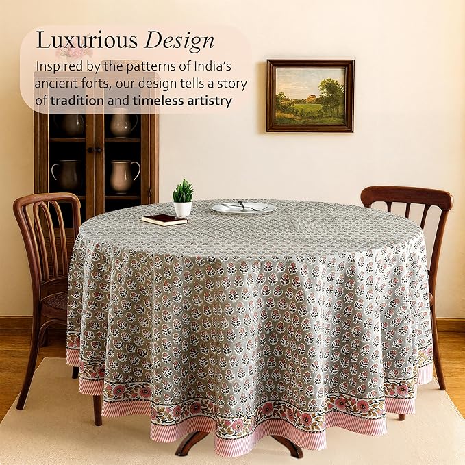 CPC Round Tablecloth- Cotton Indian Block Print Tablecloth -Handmade Printed Washable Cotton Table Cloth - Spring/Summer, Wedding Table Cover - Labra Gray 110 Inches
