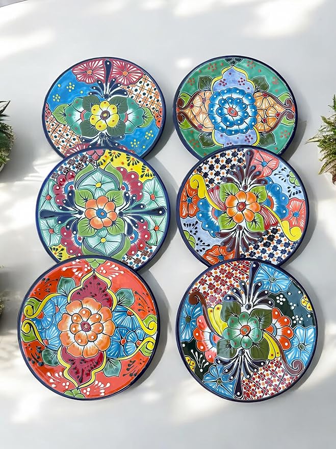 Set of 6 Talavera Plates - 10” Handcrafted Mexican Pottery Plates, Colorful Decorative Wall Art, Lead-Free, Heat & Dishwasher Safe