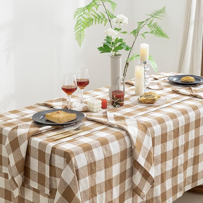 EVERLY 100% Yarn-Dyed Linen Rectangle Tablecloths 60x144Inches for Dining,Buffet Parties,Picnic,Events and Restaurants,Decorative Halloween,Thanksgiving Machine Washable Tablecloths-Brown Plaid