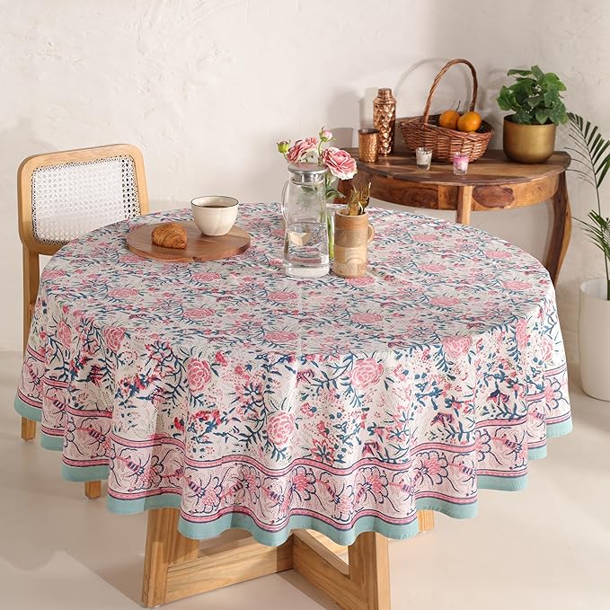 Hand Block Printed Cotton Tablecloth – Elegant Floral Design Perfect for Dining Table Kitchen Parties Home Decor, Wall Tapestry (Salmon Pink, 8 Seater 90 Inches Round)
