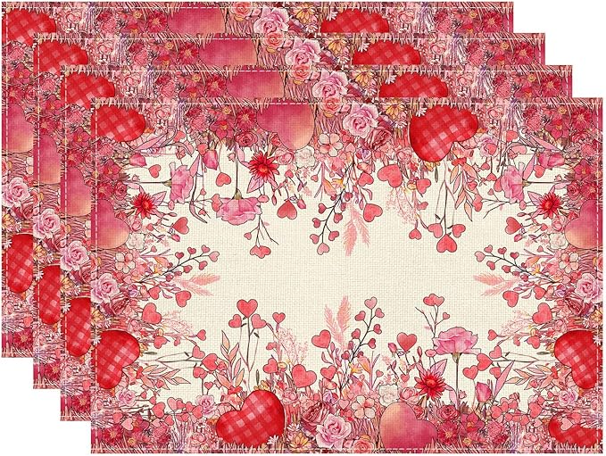 XCHI Wild Flowers Love Hearts Valentine’s Day Placemats Set of 4 Table Mats for Party Home Kitchen Dining Table Decorations 12x18 Inch