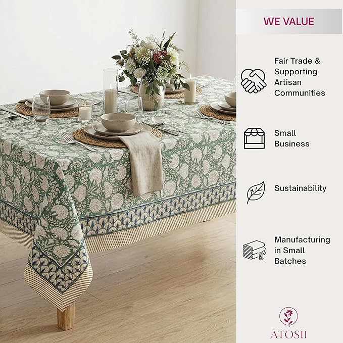 ATOSII Jade 100% Cotton Rectangle Boho Fall Tablecloth, Handblock Floral Table Cloth Linen for Kitchen Dining I Parties Wedding Outdoors Thanksgiving Easter Picnics I 72 X 120 Inches I 10 Seater