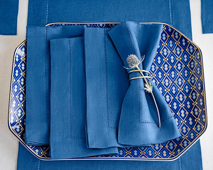 Solino Home Linen Napkins Set of 4 - Classic Hemstitch 100% Pure Linen Indigo Blue Dinner Napkins Cloth 20 x 20 Inch for Spring, Easter - Handcrafted and Machine Washable