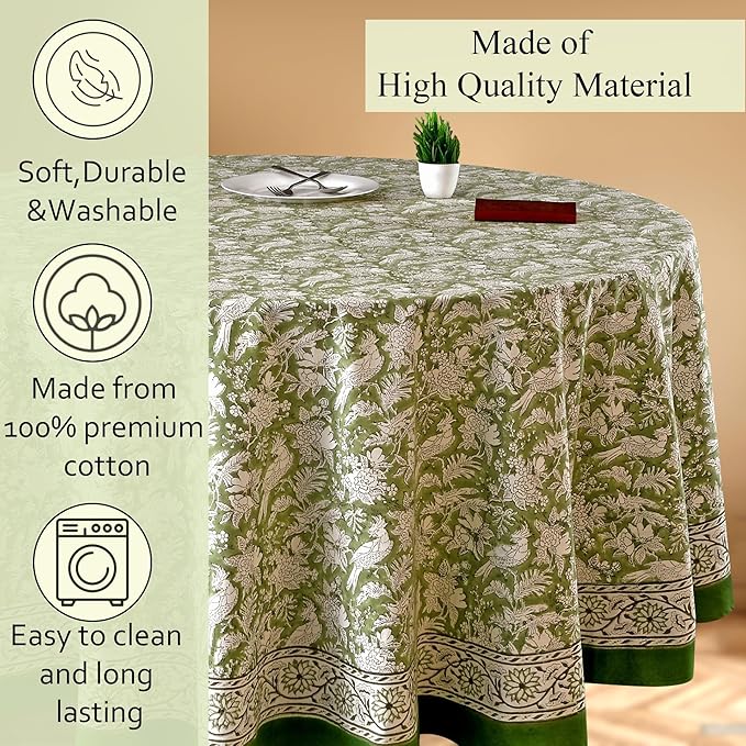 CPC Round Tablecloth- Cotton Indian Block Print Tablecloth -Handmade Printed Washable Cotton Table Cloth - Spring/Summer, Wedding Table Cover - Olive Green 132 Inch