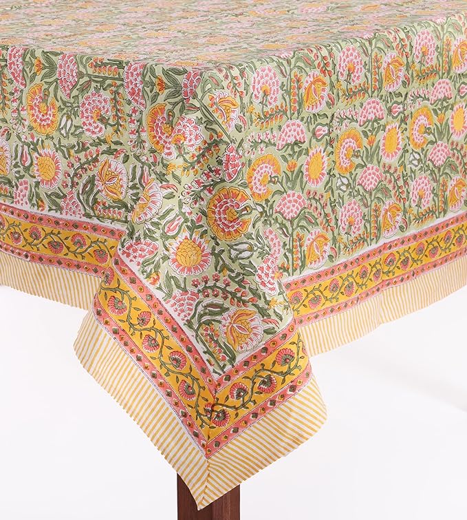 ATOSII Clover Green 100% Cotton Rectangle Boho Summer Tablecloth, Block Print Floral Table Cloth Linen for Dining, Parties, Weddings, Outdoors Home Decor 72 X 108 Inches I 8 Seater