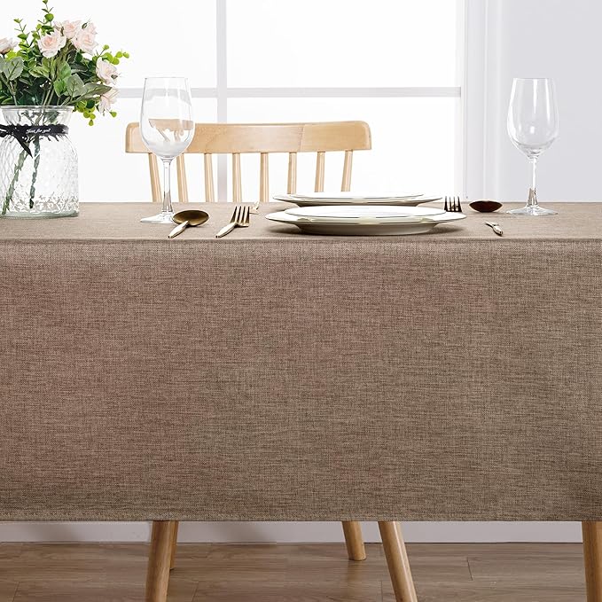 Hiasan 2 Pack Faux Linen Rectangle Tablecloth - Wrinkle and Stain Resistant Washable Table Cloth for Kitchen Dining Room Holiday Table Cover for Party Dinner, Khaki, 60 x 84 Inch