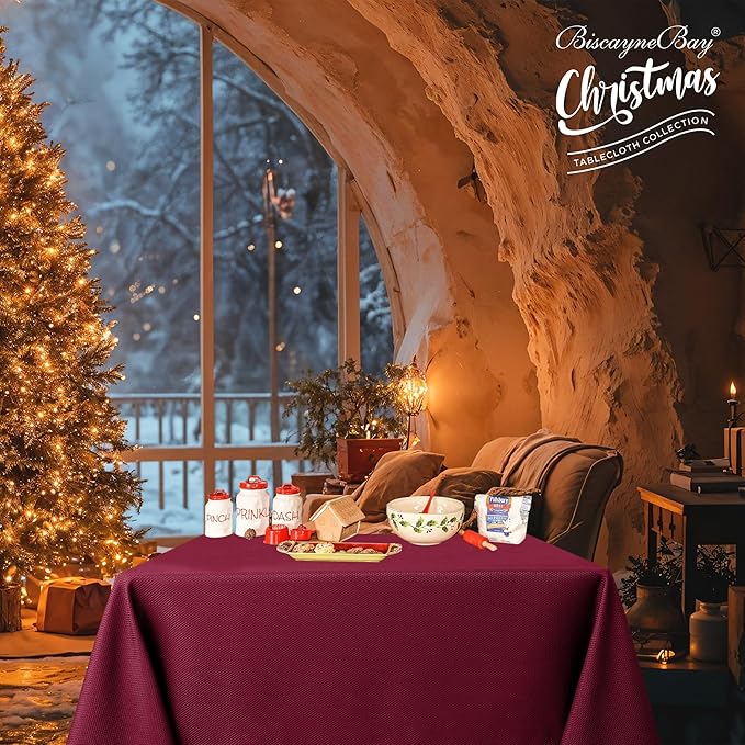 Biscaynebay Textured Fabric Christmas Square Tablecloths 54x54 Inches, Burgundy Water Resistant Tablecloths for Dining, Kitchen, Wedding, Parties etc. Machine Washable