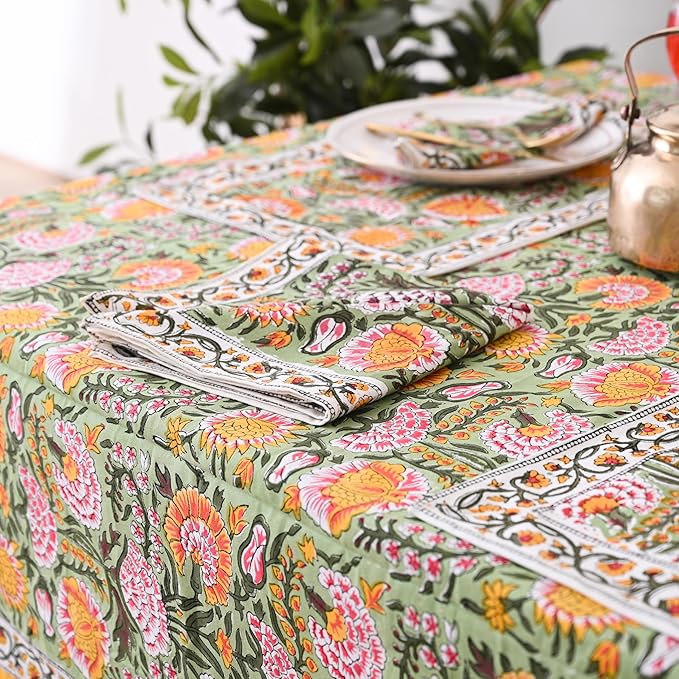 Hand Block Printed Cotton Tablecloth Elegant Floral Design Perfect for Dining Table Kitchen Parties Home Decor, Wall Tapestry (Daisy Sunshine, 14 Seater 72 x 160 Inches Rectangle)