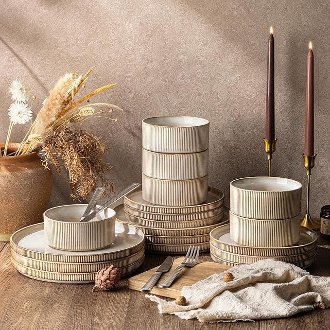 GBHOME 18-Piece Stoneware Dinnerware Set for 6 – Ribbed Ceramic Plates and Bowls, Scratch-Resistant, Microwave & Dishwasher Safe, Reactive Glaze, Cappuccino