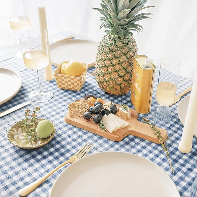 MONDAY MOOSE Gingham Checkered Farmhouse Rustic Picnic Style Decoration Rectangle Natural Stonewashed Cotton Tablecloth for Kitchen, Dining Room, Restaurant (60x86 inch, Blue/White)