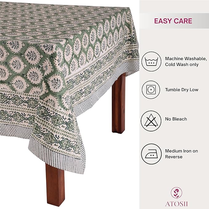 ATOSII Kari Green 100% Cotton Rectangle Boho Summer Tablecloth, Block Print Floral Table Cloth Linen for Dining, Parties, Wedding, Outdoors Home Decor 72 X 108 Inches I 8 Seater I