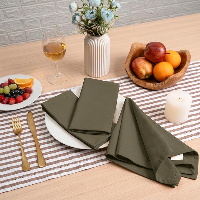 Blue Needles Solid Cloth Napkins Set of 12 Olive Green 100% Cotton Dinner Napkins 18x18 inches, Soft, Reusable, Absorbent, Washable Linen, Ideal for Wedding Events, Parties & Everyday Use