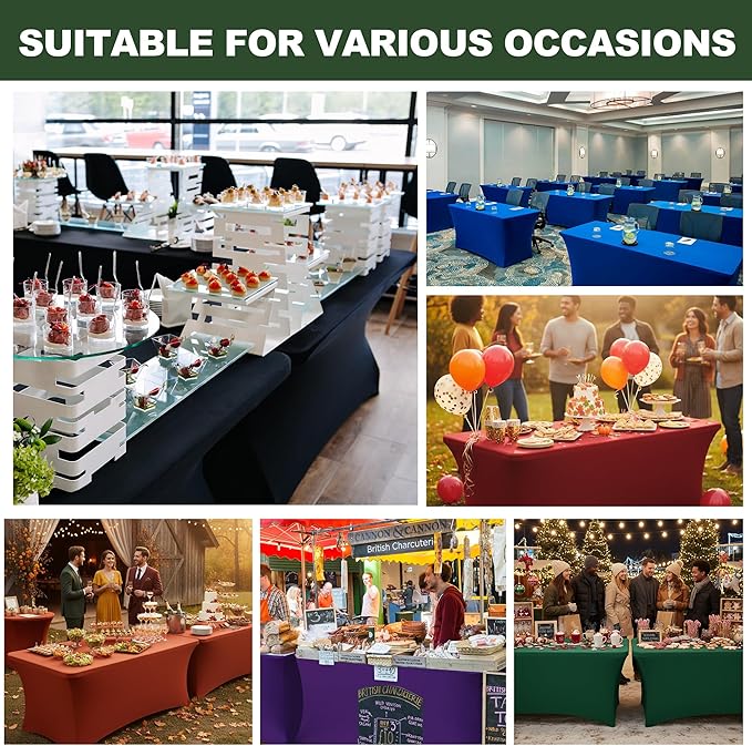 Table Cover for 6 Foot Rectangle Tables-8 Pack Hunter Green Fitted Stretch Tablecloth-Spandex 6ft Christmas Tablecloth for Party, Vendor Booth Display, Banquet Buffet Event, Craft Trade Show