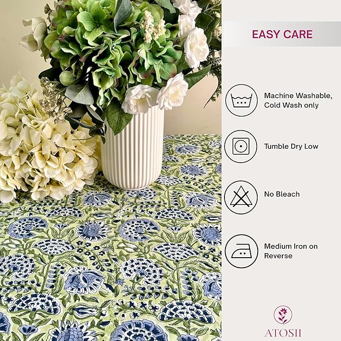ATOSII Amara 100% Cotton Round Summer Tablecloth, Handblock Print Floral Table Cloth for Kitchen Dining Linen I Parties, Weddings, Outdoors I Grand Millennial Farmhouse Home Decor 72" Inches Round