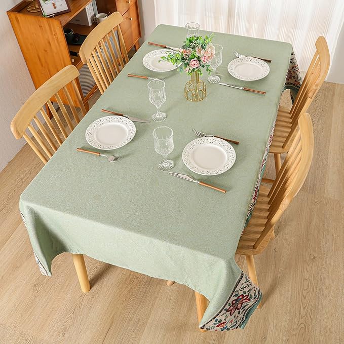 Dimatic Heavyweight Cotton and Linen Rectangular Tablecloth with Botanical Pattern for Dining Tables, Desks, and Holiday Decorations Table Cover, Green, 55 x 118 Inches
