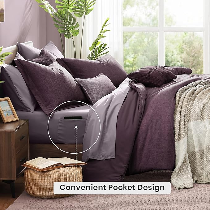 Monbix Twin XL Comforter Set Italian Plum, Cationic Dyeing Bedding Set Reversible 5 Pieces, All Season Bed in a Bag with Comforter, Sheets, Pillowcase & Sham