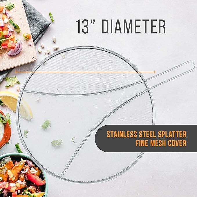 U.S. Kitchen Supply Stainless Steel Splatter Guard 13" Fine Mesh Cover, Grease & Oil, Splatter Screen for Frying Pan, Cooking Pots, with Resting Feet