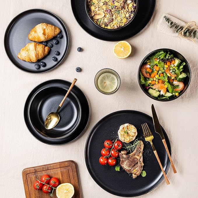 AmorArc Ceramic Dinnerware Sets, Wavy Rim Stoneware Plates and Bowls Sets,Dishwasher & Microwave & Oven Safe Dishes set, Service for 6 (18pc)-Matte Black