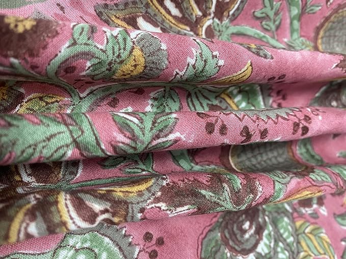 Ridhi Block Print Round Coral Pink & Forest Green Reusable Tablecloth 100% Cotton 110" Inch Decorative Table Cover eveyday Dining, Home, Party, Wedding, Farmhouse Gift for Spring, Easter, Valentine