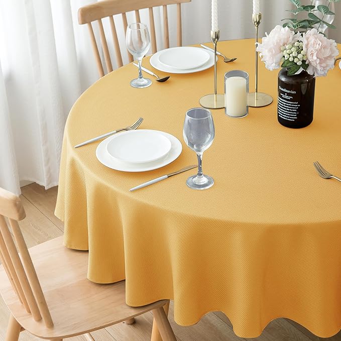 Biscaynebay Fall Tablecloth Textured Fabric Round Tablecloths 60" for Tables diameters from 28" to 48", Fall Gold Thanksgiving Autumn Harvest Water Resistant Table Cover for Kitchen, Dining, Party