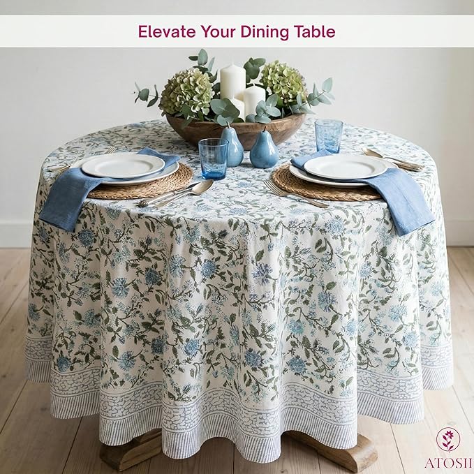 ATOSII Mahoka Blue 100% Cotton Round Tablecloth, Block Print Floral Table Cloth for Dining, Parties, Weddings, Outdoors, Holidays I 72" Inches, 4 Seater I Grandmillennial Farmhouse Boho Summer