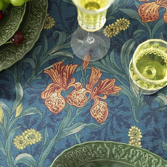 patdrea Designer Vintage Dark Blue Linen Rectangle Tablecloth,French Rustic Floral Pattern Tablecloths,Decorative Table Cover Cloth for Kitchen,Dining,Tea Party,Home,Christmas,55"*79"