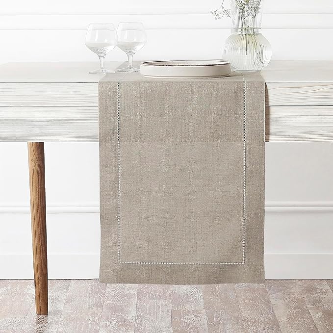 D'Moksha Homes Linen Natural Table Runner 48 Inches - Classic Hemstitch, 100% Pure Linen Coffee Table Runner 14 x 48 Inch Ideal for Dresser Tables, Valentines, Spring, Easter