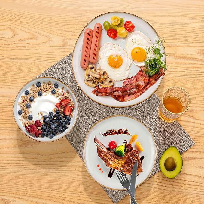 Herogo Stoneware Dinnerware Sets, 12 Piece Dinner Dishes Set for 4, Ceramic Plates and Bowls Dishware, Tableware Includes Dinner Salad Plates, Soup Bowls, Microwave & Dishwasher Safe, Pearl White