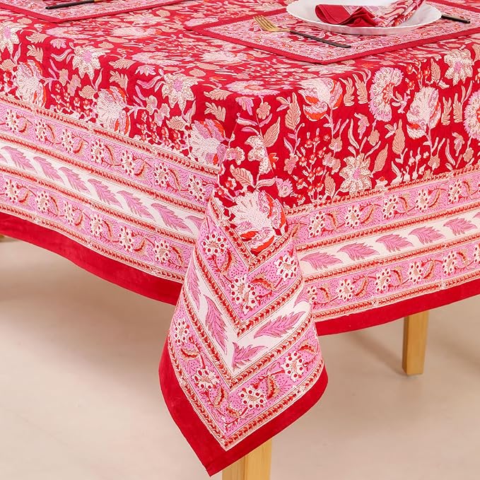 Hand Block Printed Table Cover - Exquisite Design, Premium Cotton Fabric, Perfect for Dining and Decor, Dining Table Linen(Cherry Red,14 Seater 72 x 160 Inches Rectangle)