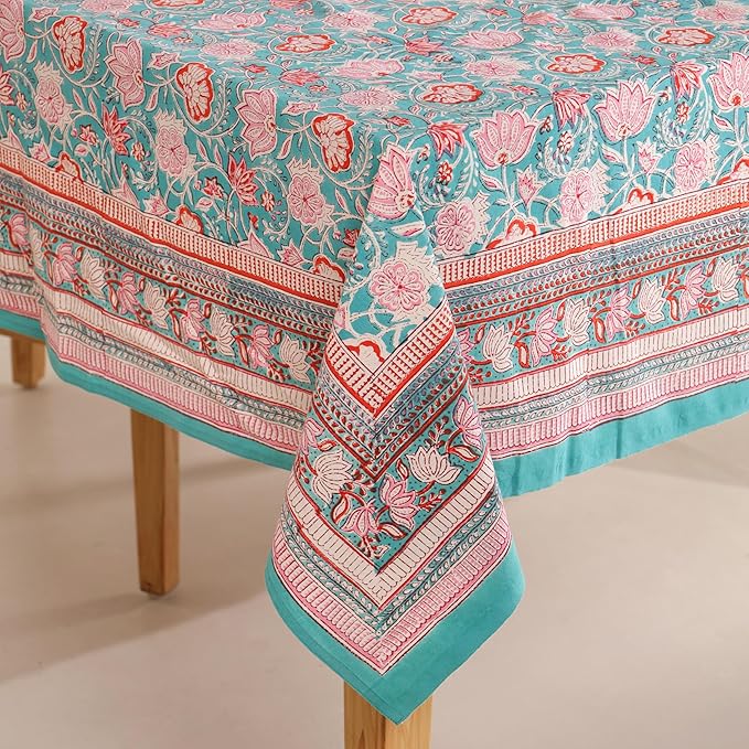 Hand Block Printed Table Cover - Exquisite Design, Premium Cotton Fabric, Perfect for Dining and Decor, Dining Table Linen (Green Delight, 12 Seater 72 x 135 Inches Rectangle)