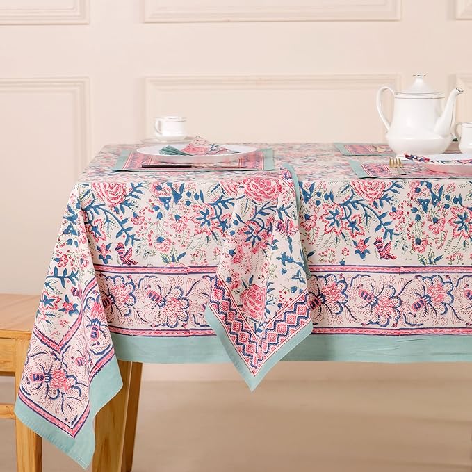 Hand Block Printed Table Cover - Exquisite Design, Premium Cotton Fabric, Perfect for Dining and Decor, Dining Table Linen(Salmon Pink,6 Seater 60 x 90 Inches Rectangle)