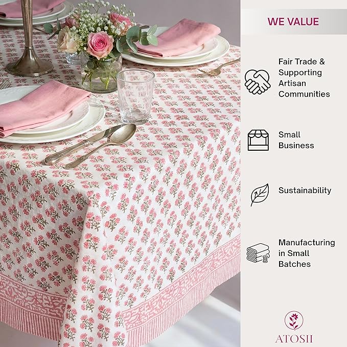ATOSII Gulbahar White Pink 100% Cotton Fall Rectangle Tablecloth, Hand Block Print Washable Table Cover, Christmas Parties Buffet Dining, Weddings, Thanksgiving, Halloween, 60 X 90 Inches, 6 Seater