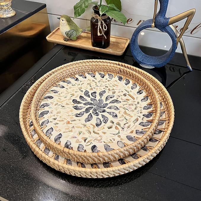 Rattan Serving Tray with Mother of Pearl, Round Coffee Table Tray Decor, Round Wicker Tray, Boho Decorative Tray, Woven Tray (Lucky Flower, 12" & 14")