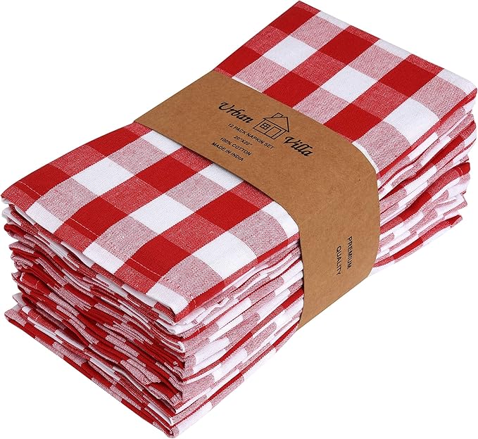 Urban Villa Cloth Napkins Set of 12 20x20 Inches 100% Cotton Napkins Cloth Washable Durable Reusable Absorbent Table Dinner Napkins Cloth for Farmhouse Party Hotel Lunch Restaurant Napkins - Red White