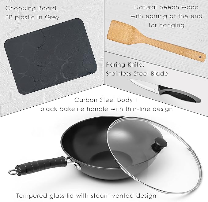 Moss & Stone 5 Pcs Carbon Wok Set, Carbon Steel Wok Pan 12 Inch Woks and Stir Fry Pans, Chinese Wok For Electric, Induction & Gas Stove With Glass Lid, Wok Spatula, Chopping Board & Paring Knife